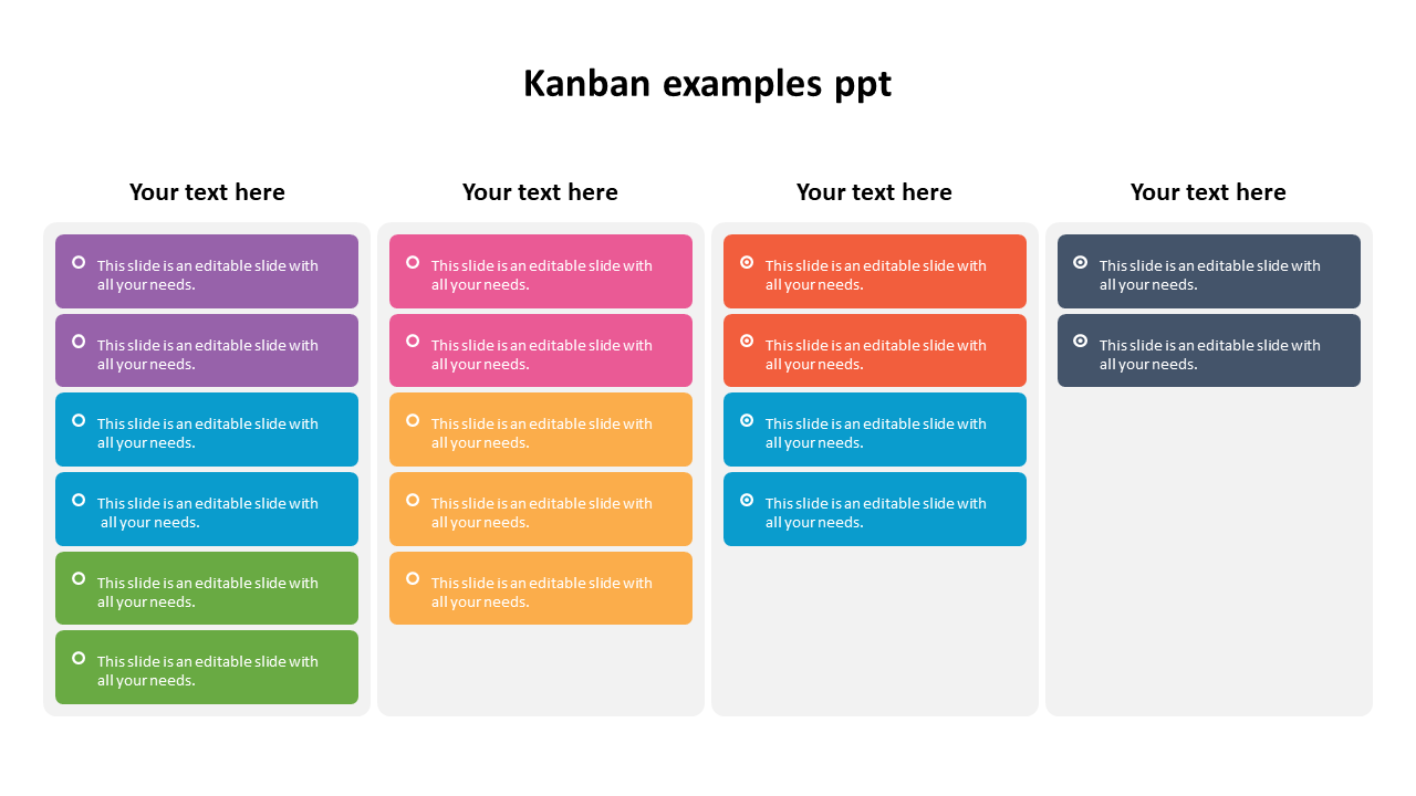 Kanban board example slide with four columns, each containing different colored text blocks.