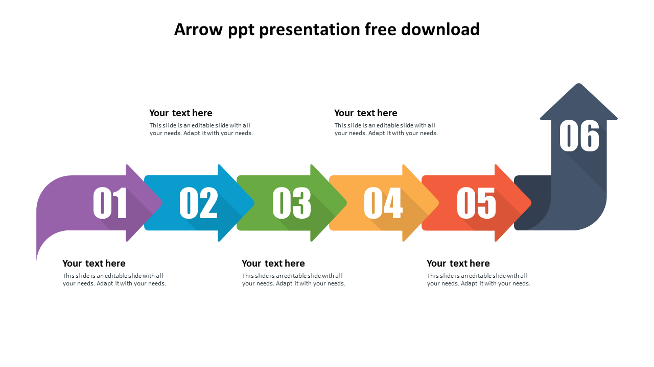 Gradient arrow with six steps in purple, blue, green, yellow, red, and gray, featuring numbered labels and text.