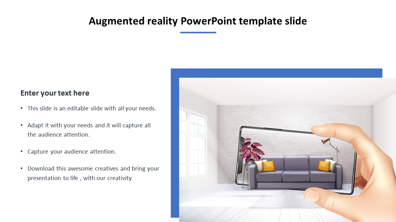 Augmented reality concept with a hand holding a smartphone displaying a living room with caption areas.