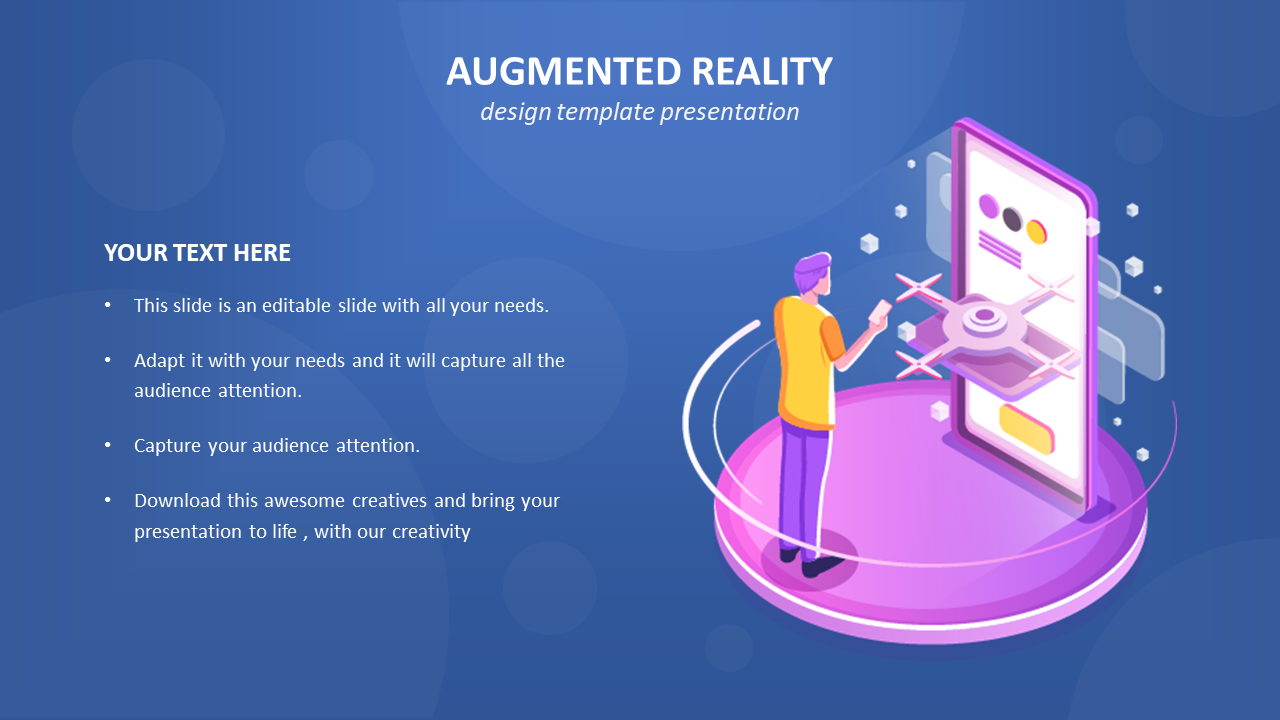 A person interacts with a 3D holographic display from a smartphone, standing on a purple platform with a blue background.