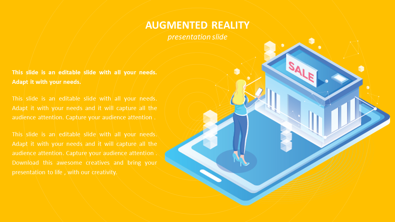 Augmented reality slide with a yellow background, showing a woman interacting with a virtual store on a smartphone screen..