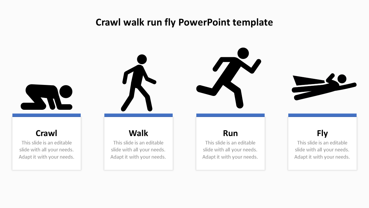 A slide showing growth stages crawl, walk, run, and fly with corresponding icons and placeholder text.