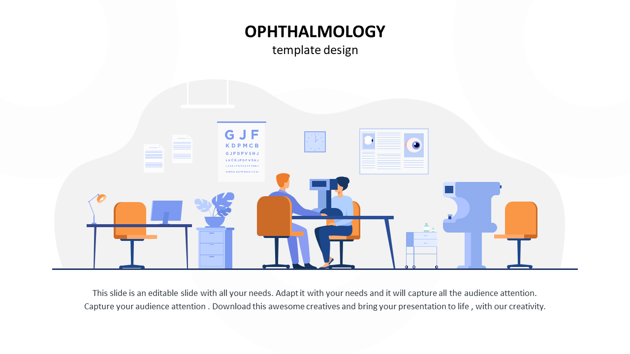 Ophthalmology clinic scene with an eye examination chart, a patient and doctor at an eye testing, and medical equipment.