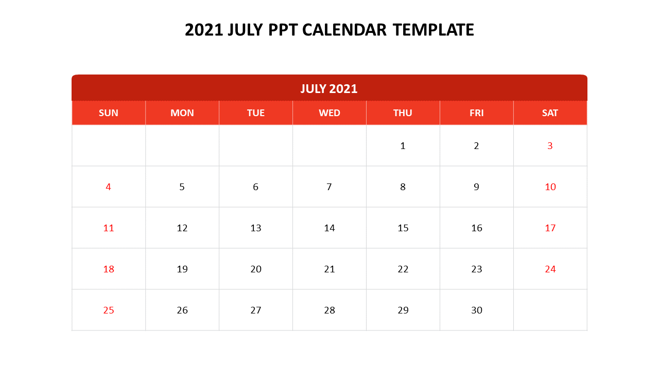 Simple July 2021 calendar with a red header and weekends highlighted in red, featuring a clean grid layout.