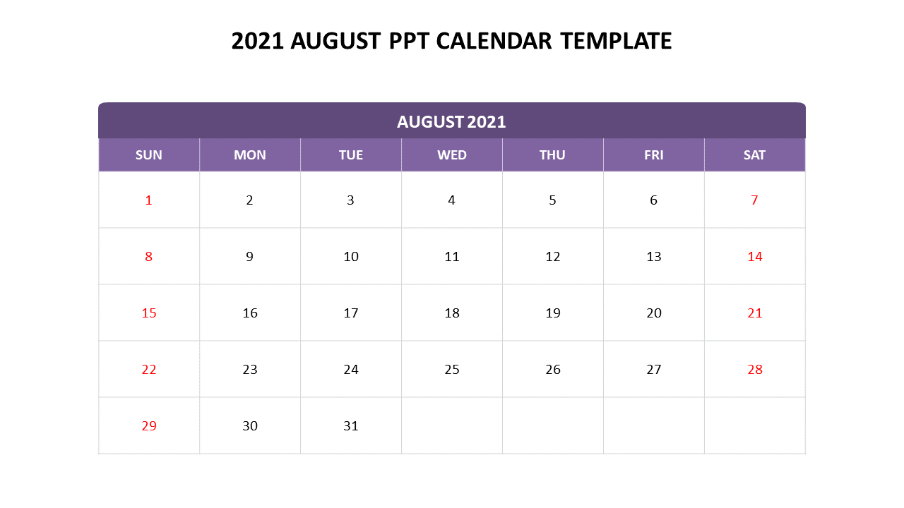 August 2021 calendar template featuring a grid layout with Sundays and Saturdays in red.