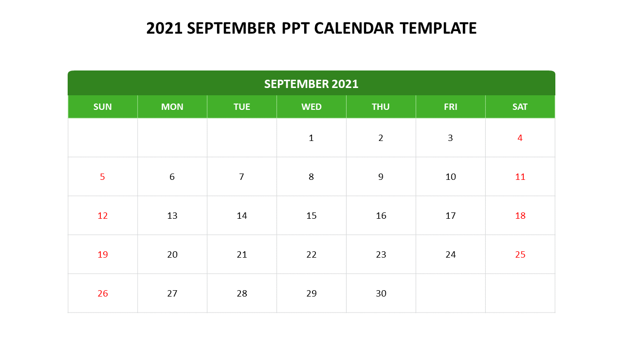 Green and white PowerPoint slide featuring a 2021 September calendar with highlighted dates on a white backdrop.