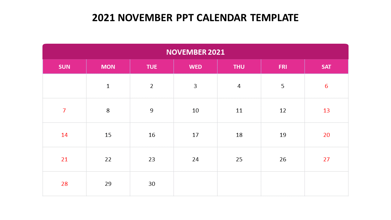 November 2021 calendar template with a pink header, and sundays and saturdays highlighted in red.