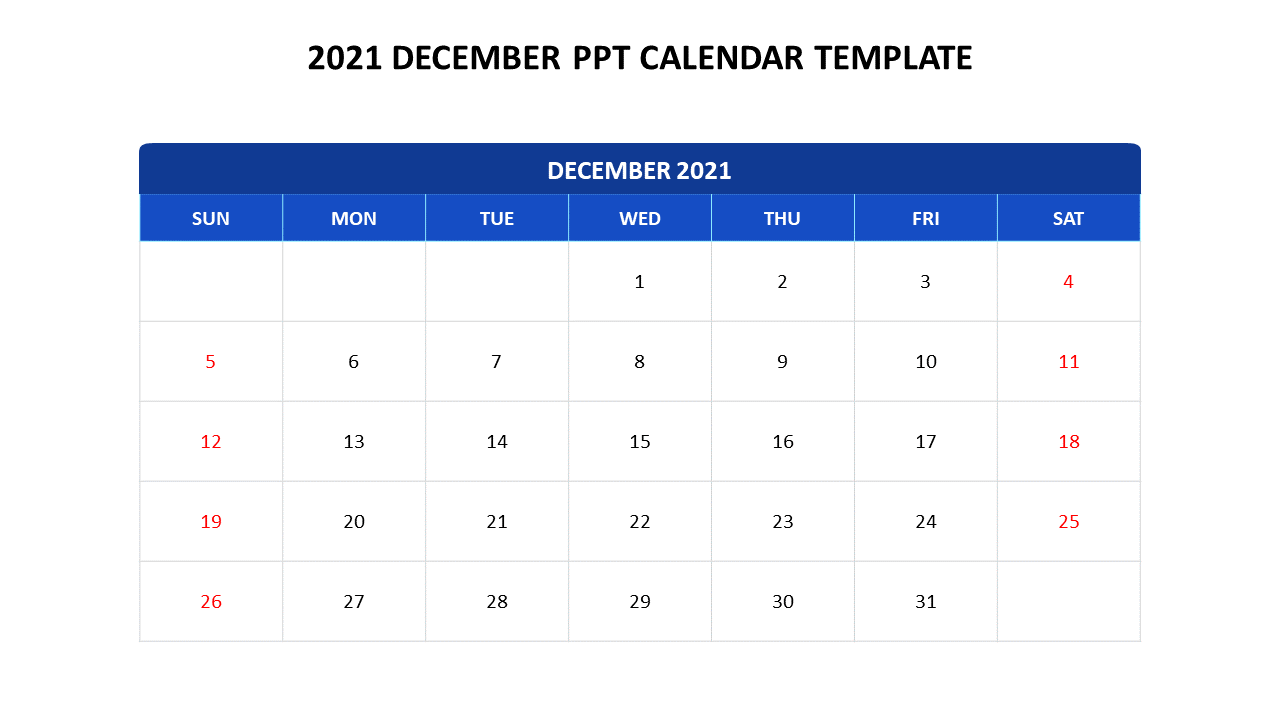 Blue and white PowerPoint slide featuring a 2021 December calendar with highlighted dates on a white backdrop.