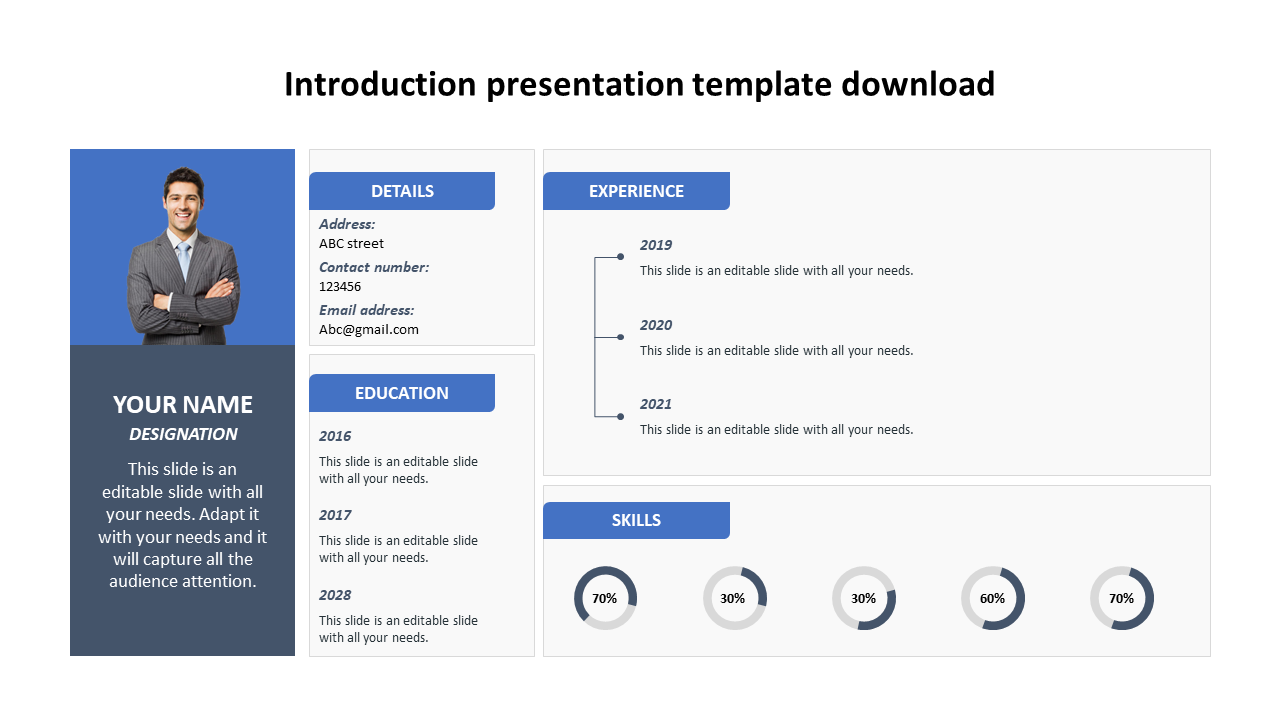 Professional introduction PPT slide with sections for personal details, experience, education, and skills, including a photo.