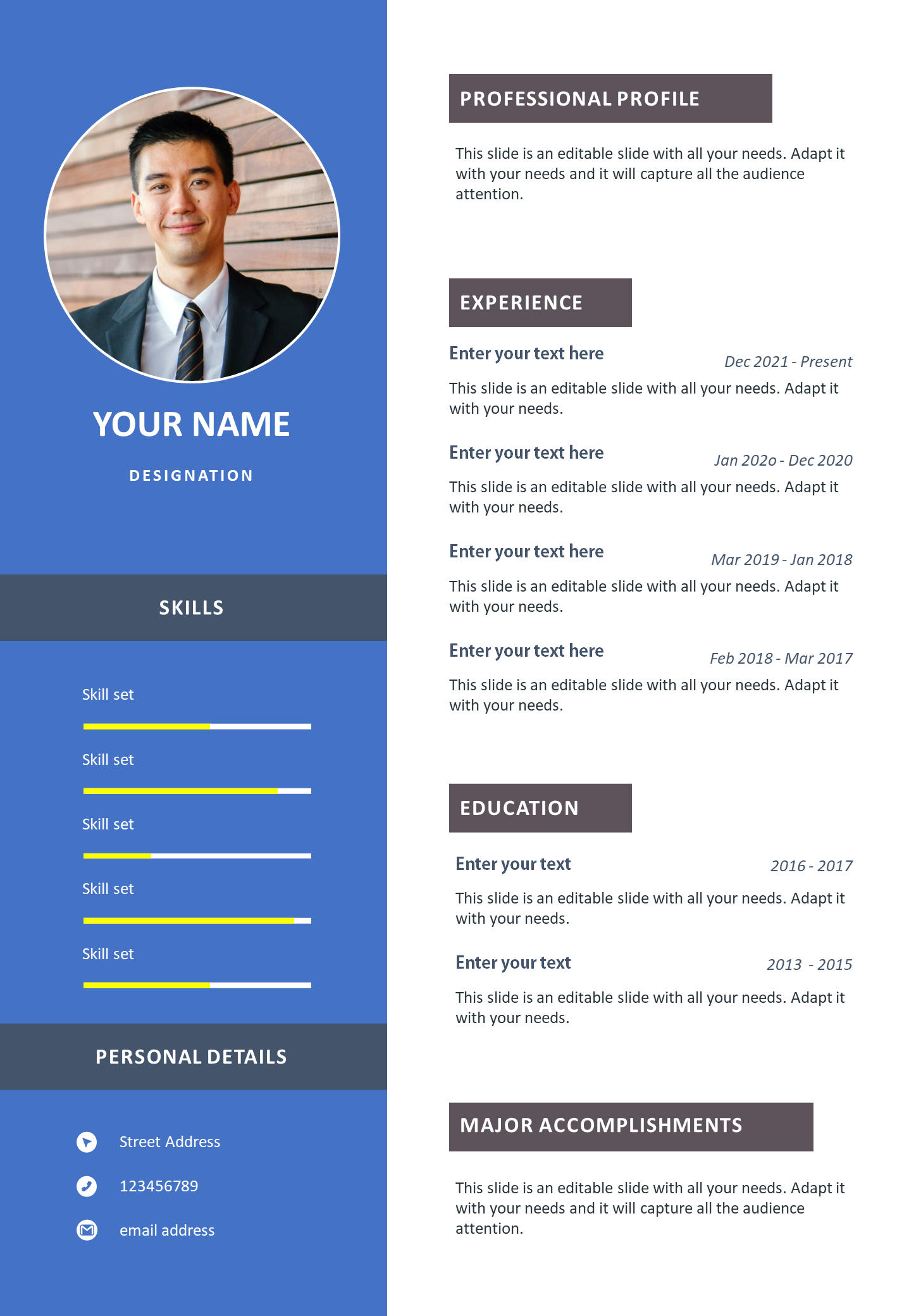 Resume design featuring a  introduction for professional profile, experience, education, and achievements.