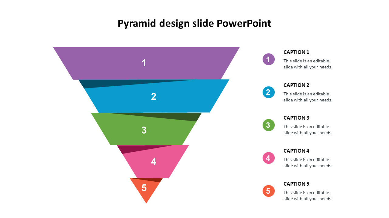 PowerPoint template featuring a colorful pyramid design with five layers and labeled captions on a white backdrop.