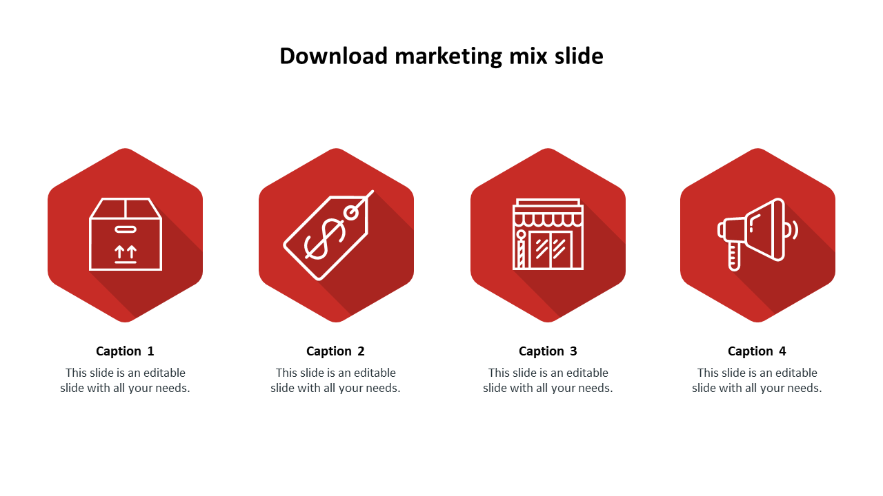 PPT slide showing four red hexagonal icons representing key marketing mix components with captions on a white backdrop.