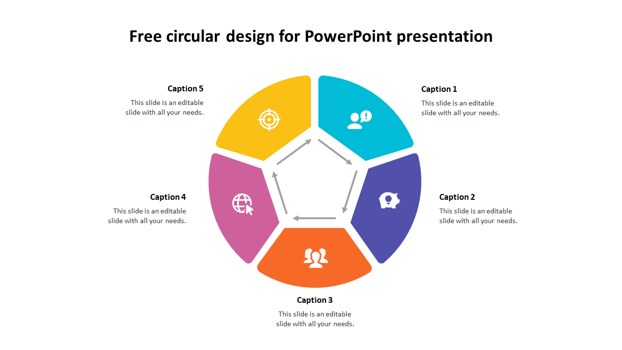 Pentagon shaped circular chart with five colorful segments and arrows connecting icons for various concepts.