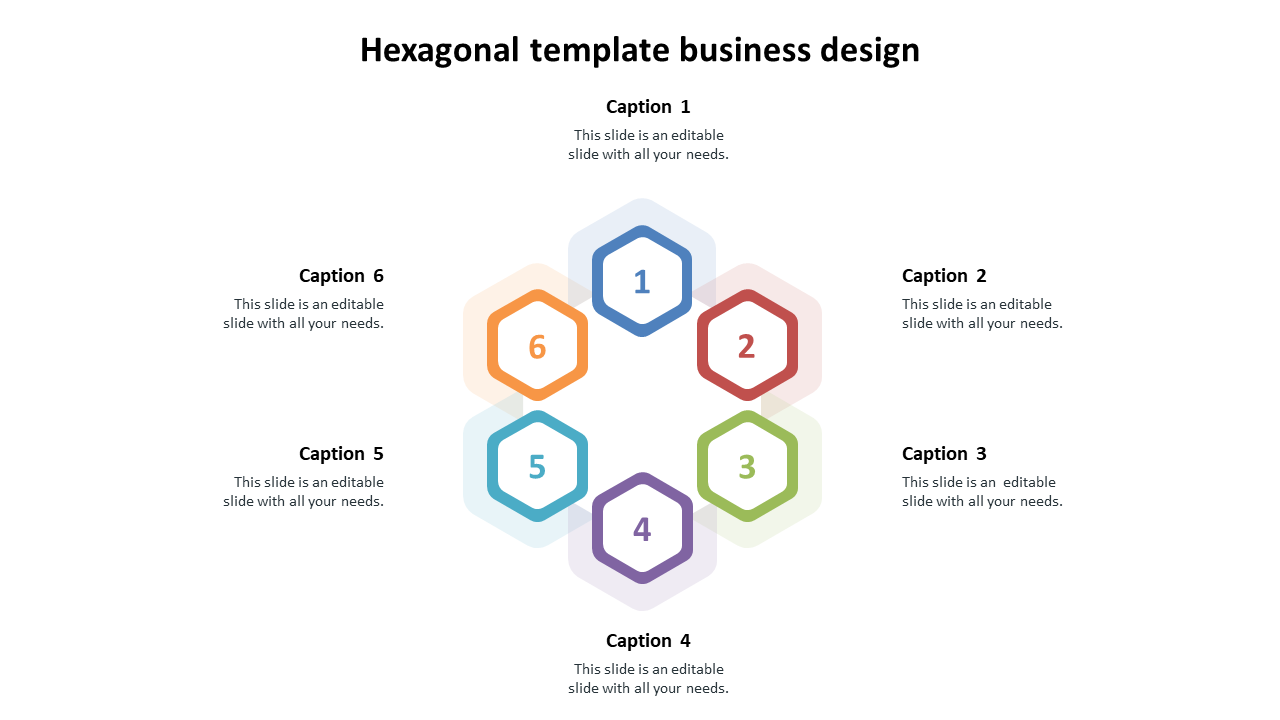 Template with six numbered hexagons in blue, red, green, purple, teal, and yellow, connected in a circular layout.