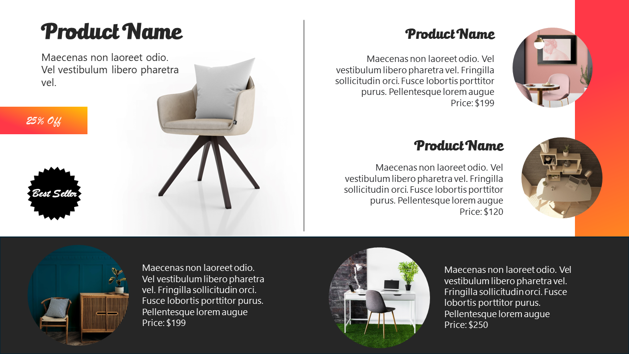 Product catalog slide with central chair image, promotional tags, and descriptions of additional products with circular images.