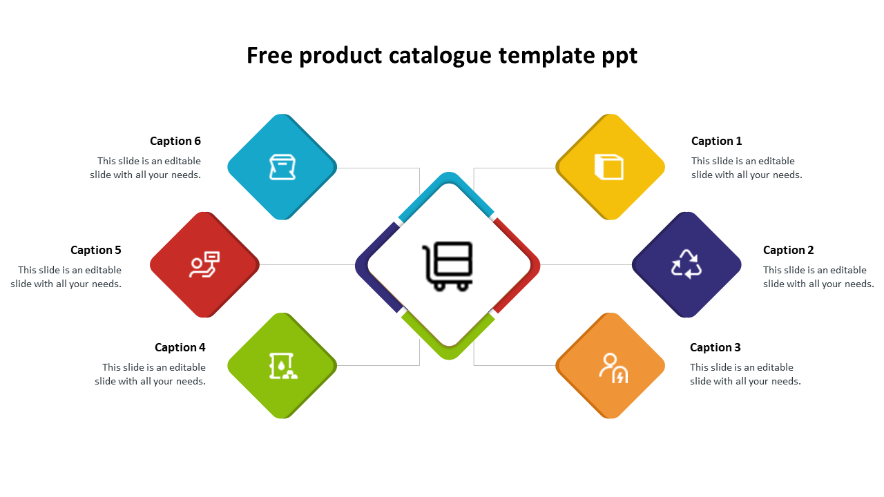 Colorful product catalog template with a central shopping cart icon and six surrounding captions with text.