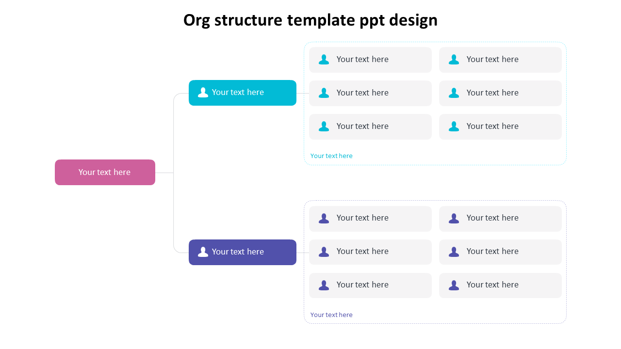 PowerPoint slide displaying an organizational structure with multiple positions and text placeholders on a white backdrop.