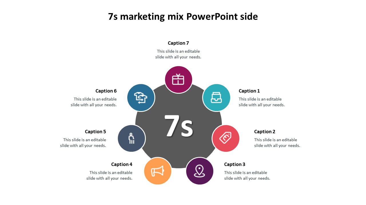 PowerPoint template showing the 7s marketing mix with colorful icons for each element and caption spaces on a white backdrop.