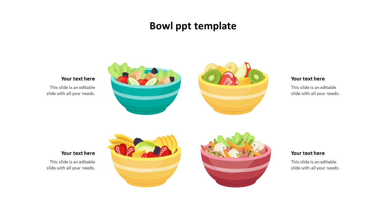 Four colorful bowls filled with fruits and salads, each paired with a placeholder text below.