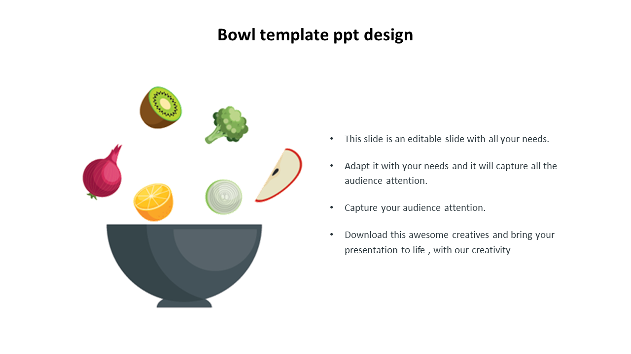 PowerPoint template showing floating fruits and vegetables above a bowl with placeholder text on a white backdrop.