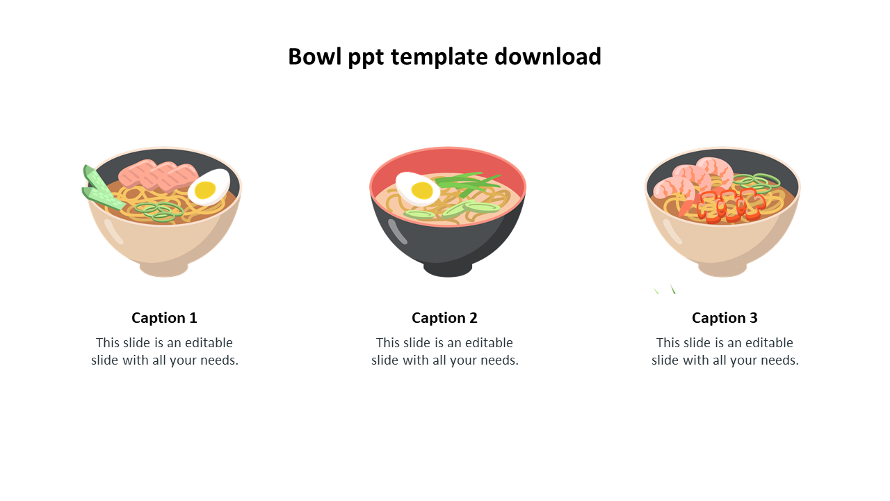 Illustration of three noodle bowls with eggs, vegetables, and meat, each with caption areas.