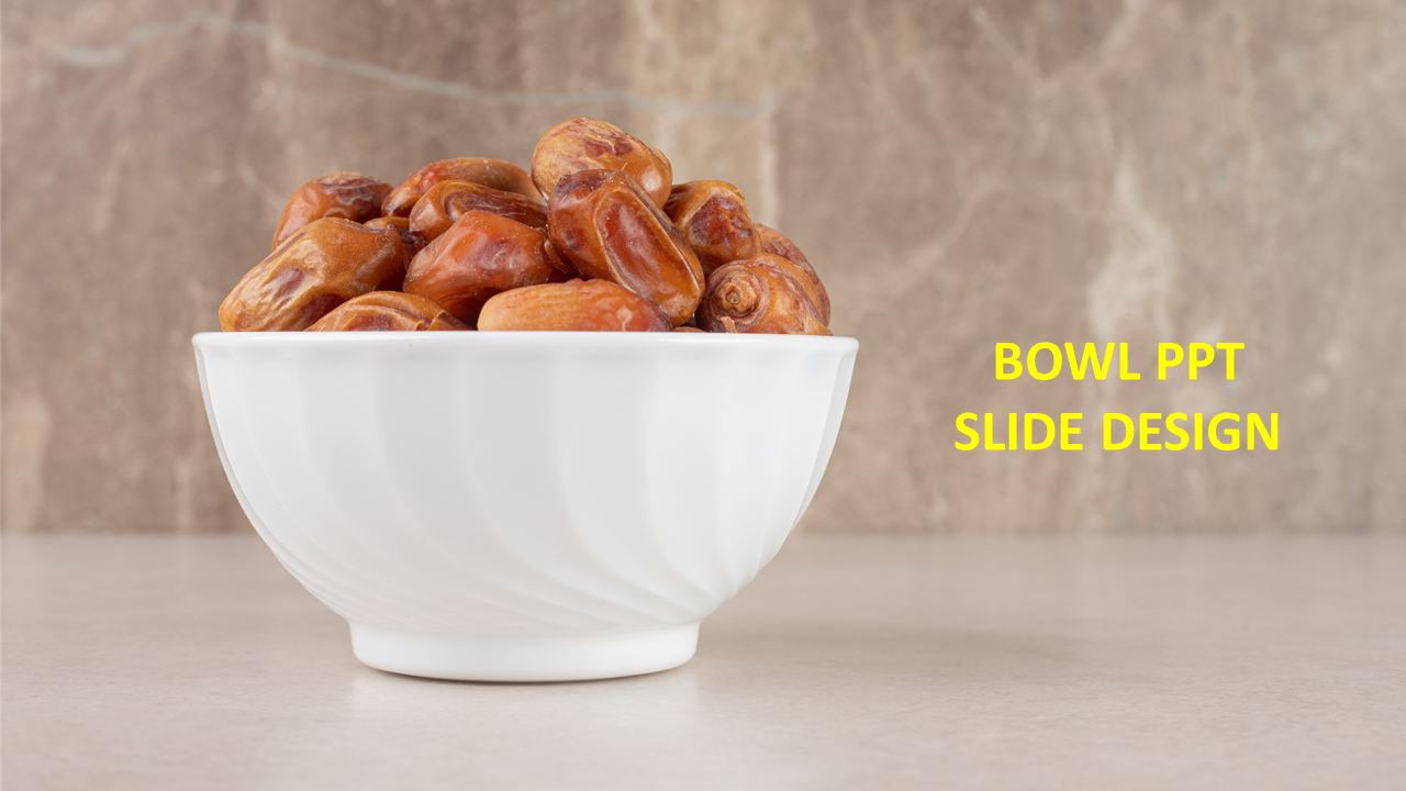 A white bowl design filled with dates on a marble surface, accompanied by the text in yellow.