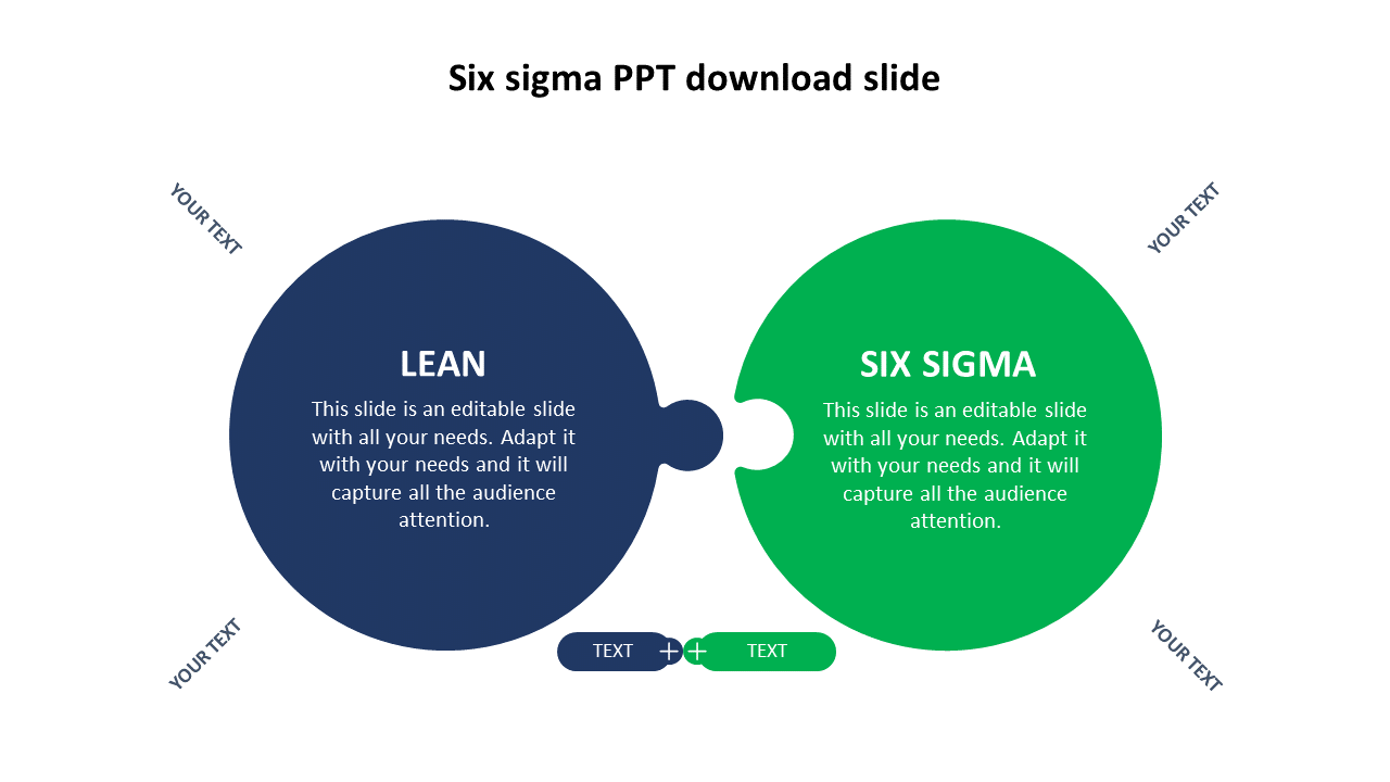 Lean and Six Sigma represented by two joined circles, featuring additional text spaces around the layout.