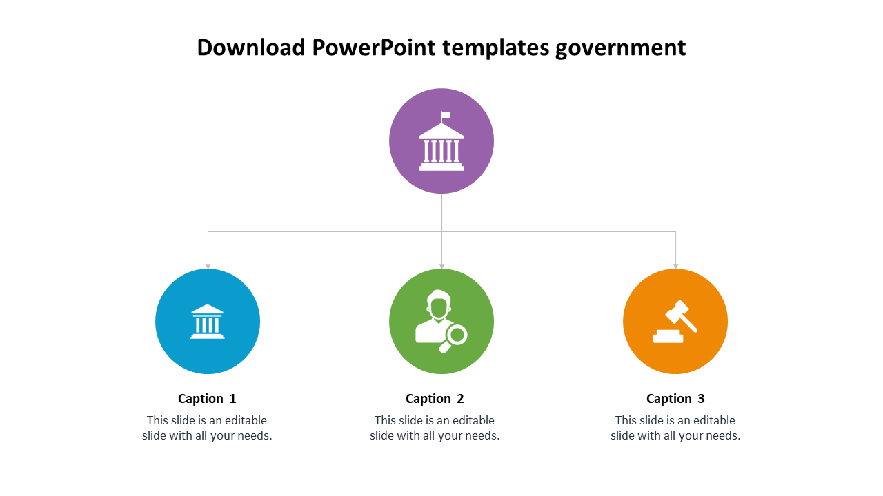 Slide featuring a hierarchy with four connected circles in purple, blue, green, and orange, each with icons.