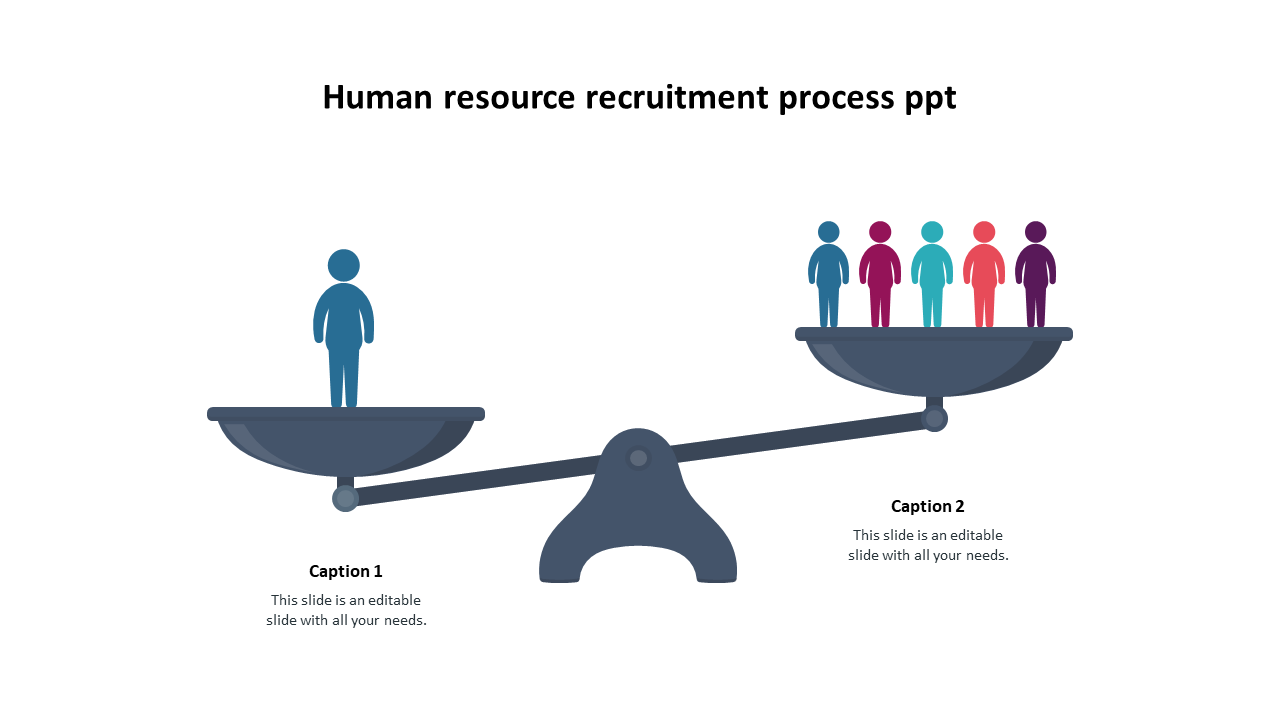 A seesaw scale with persons symbolizing the recruitment process, with two placeholder captions below.