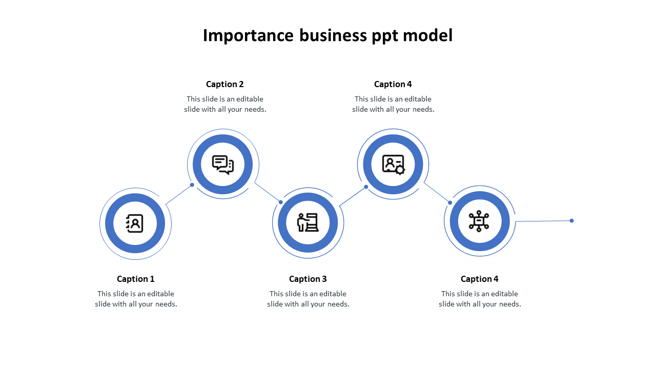 Modern business process slide with five circular icons in blue, connected in a zigzag path with captions.