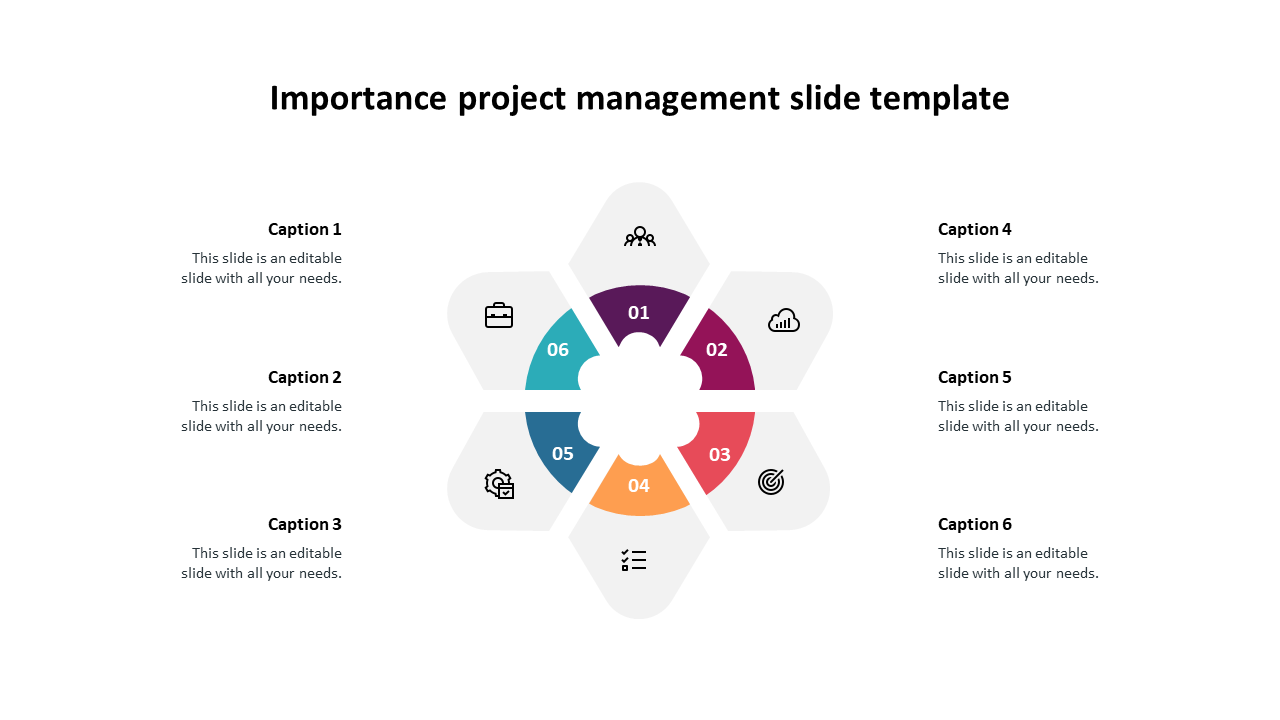 A hexagon with colour coded six sections, for project management each labeled with a caption and placeholder text.