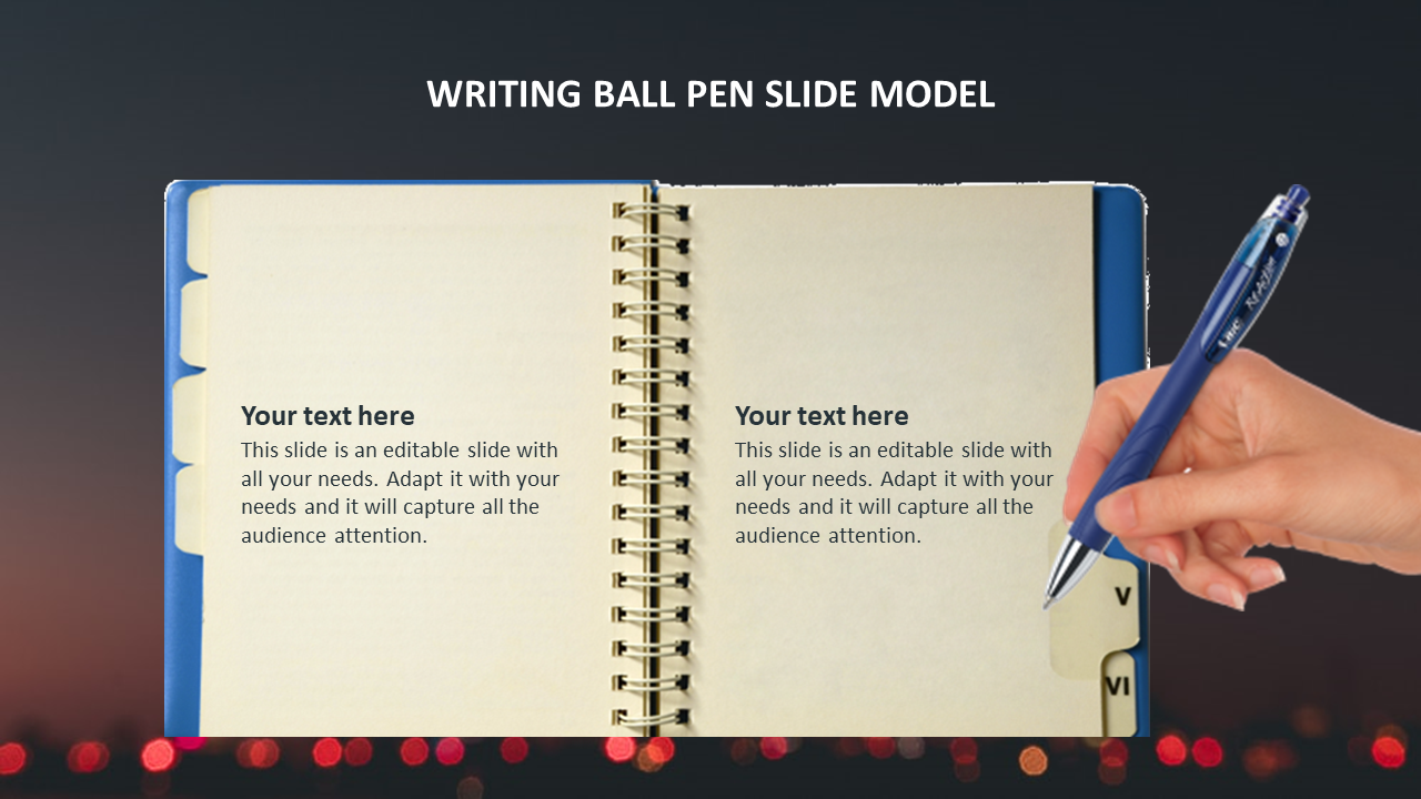 An open notebook with two pages of placeholder text, with a hand holding a blue pen poised on the right side.