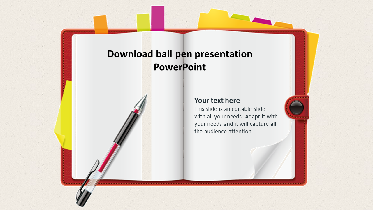 Open notebook graphic featuring a ballpoint pen with placeholder text.