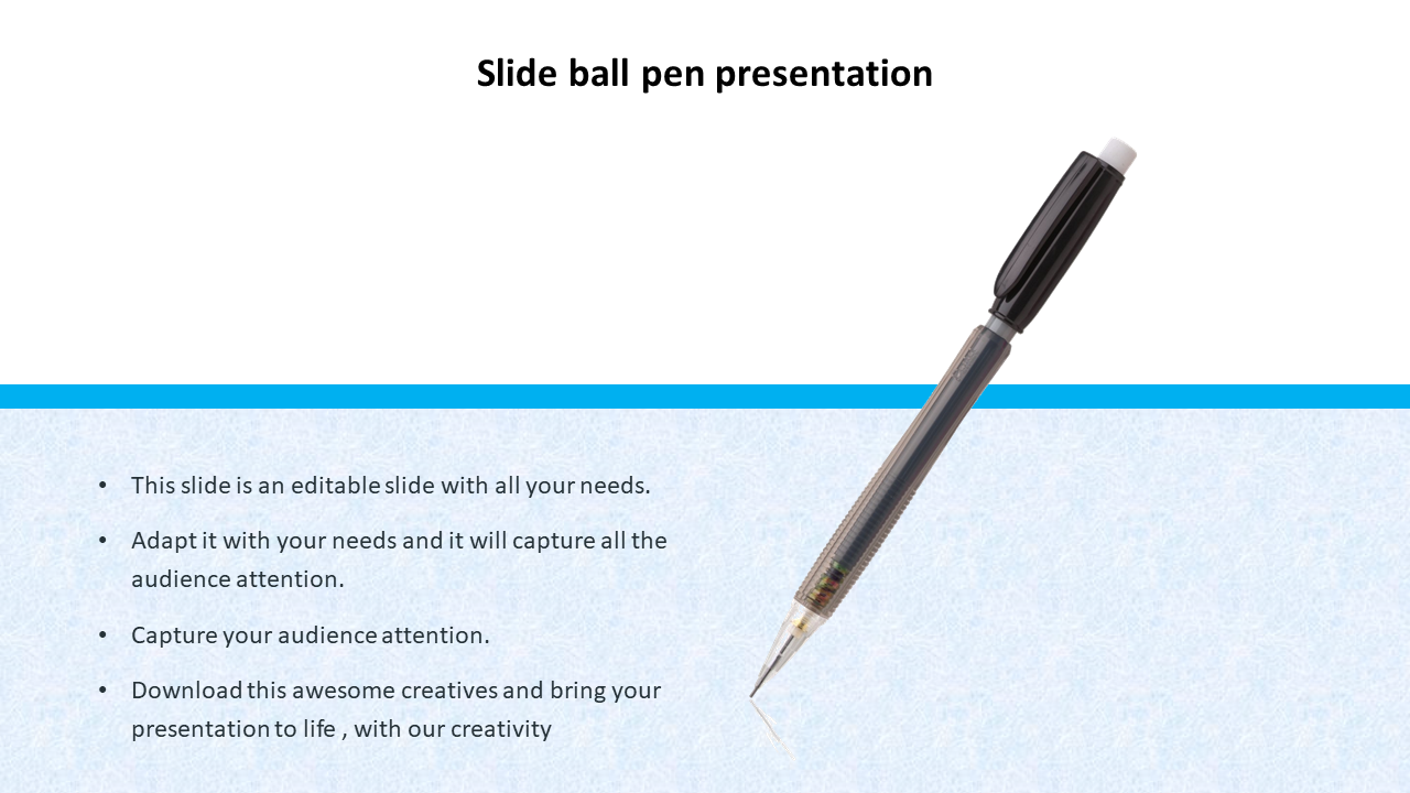 Visual of a black pen positioned diagonally, with placeholder text on the left for a slide presentation about ball pens.