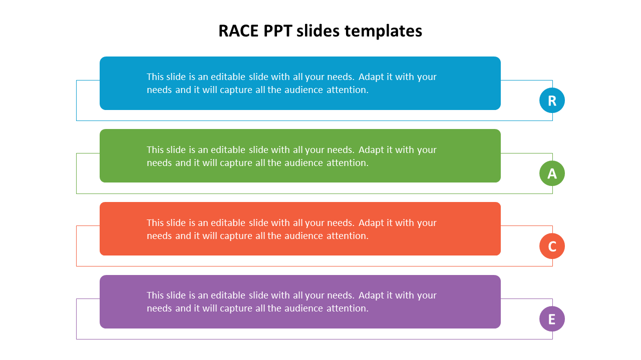 Four-step race template with color-coded blocks for each stage and corresponding labeled letter icons on the right.