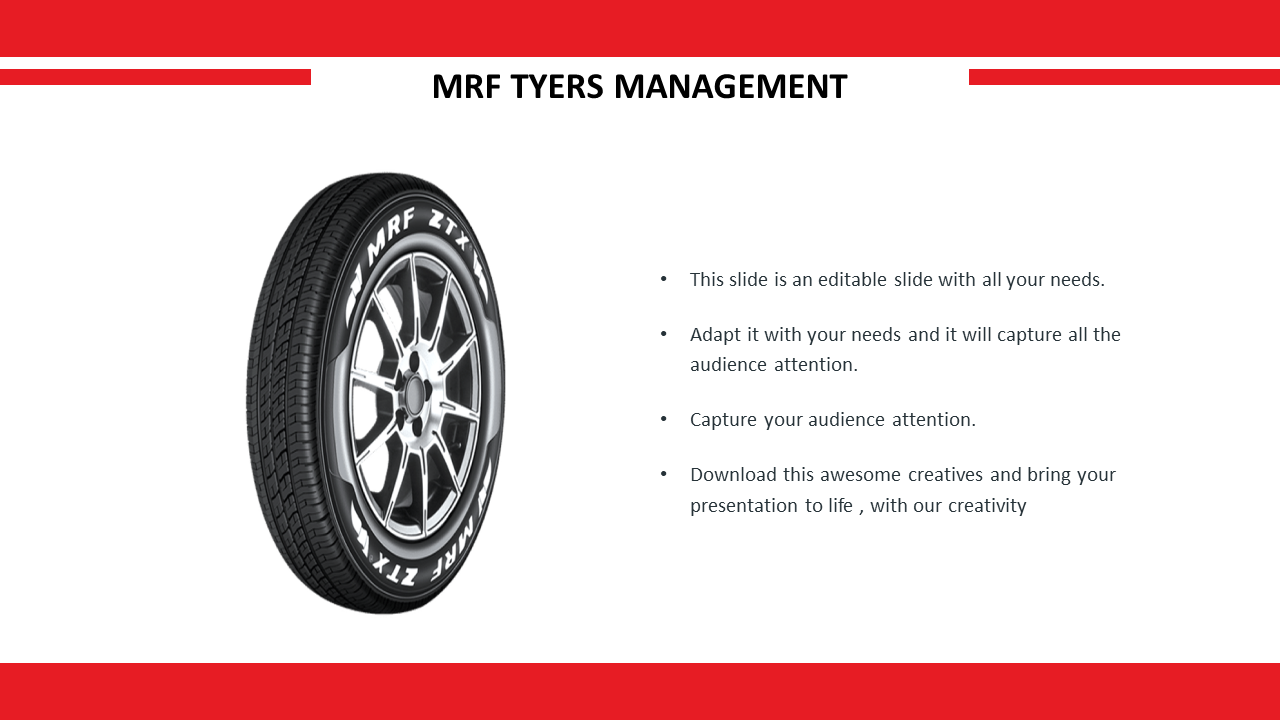 A large black MRF tyre image on the left with bullet point placeholder text on the right.