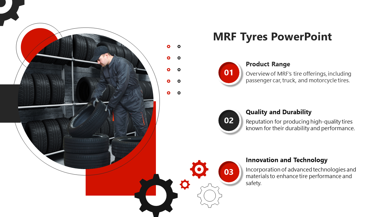 Mechanic organizing MRF black tires in a warehouse, with red and black graphic elements and caption areas around the image.