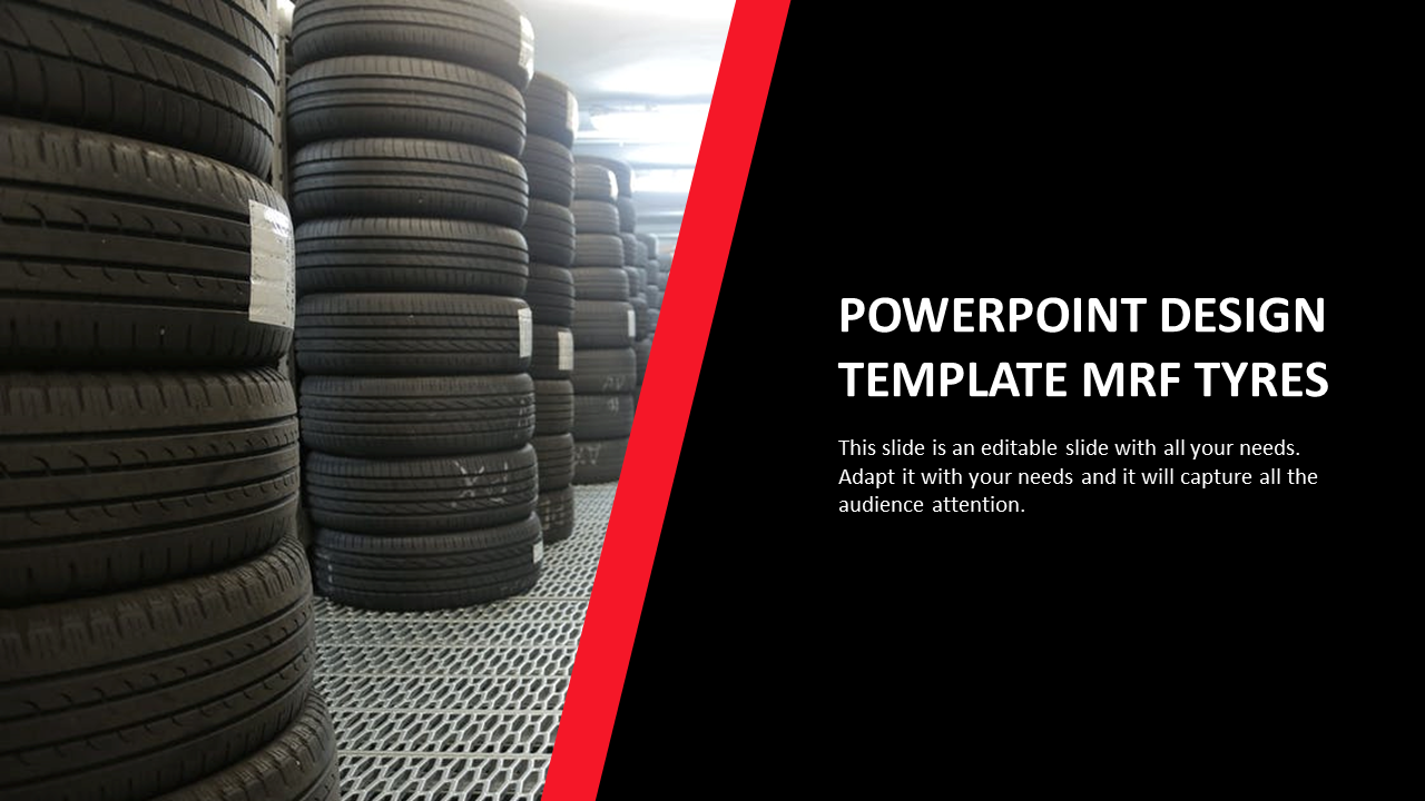 Split slide with red stripe shows stacked rows of tires, and black background with text on the right.