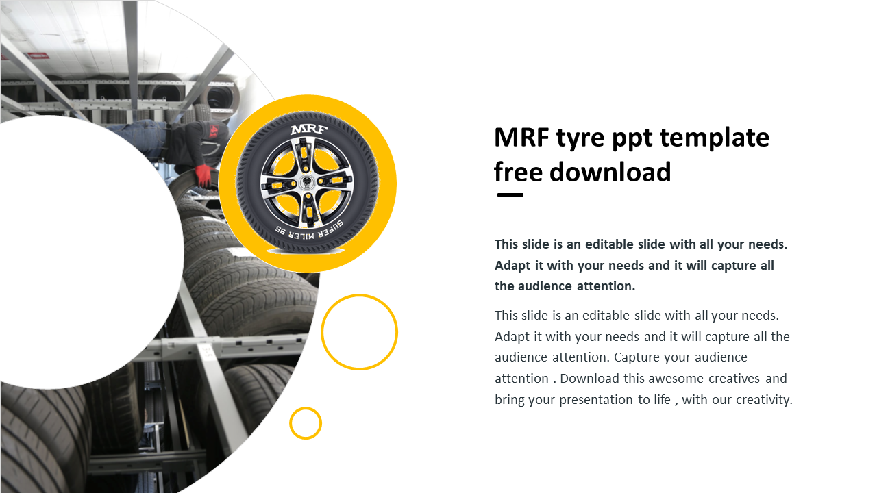 Slide with a tire warehouse image on the left, MRF tire graphic in the center, and placeholder text on the right.