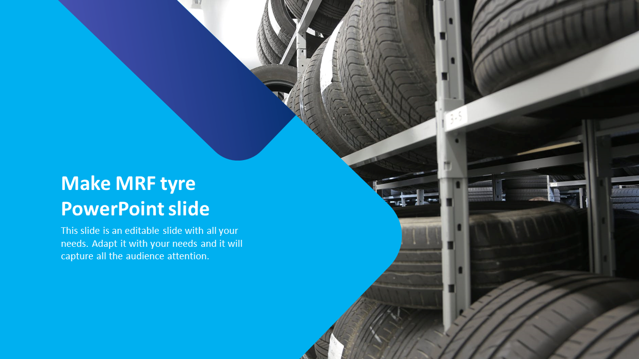 Slide featuring a blue and purple gradient design with text and a photo of stored tires on metal shelves on the right.