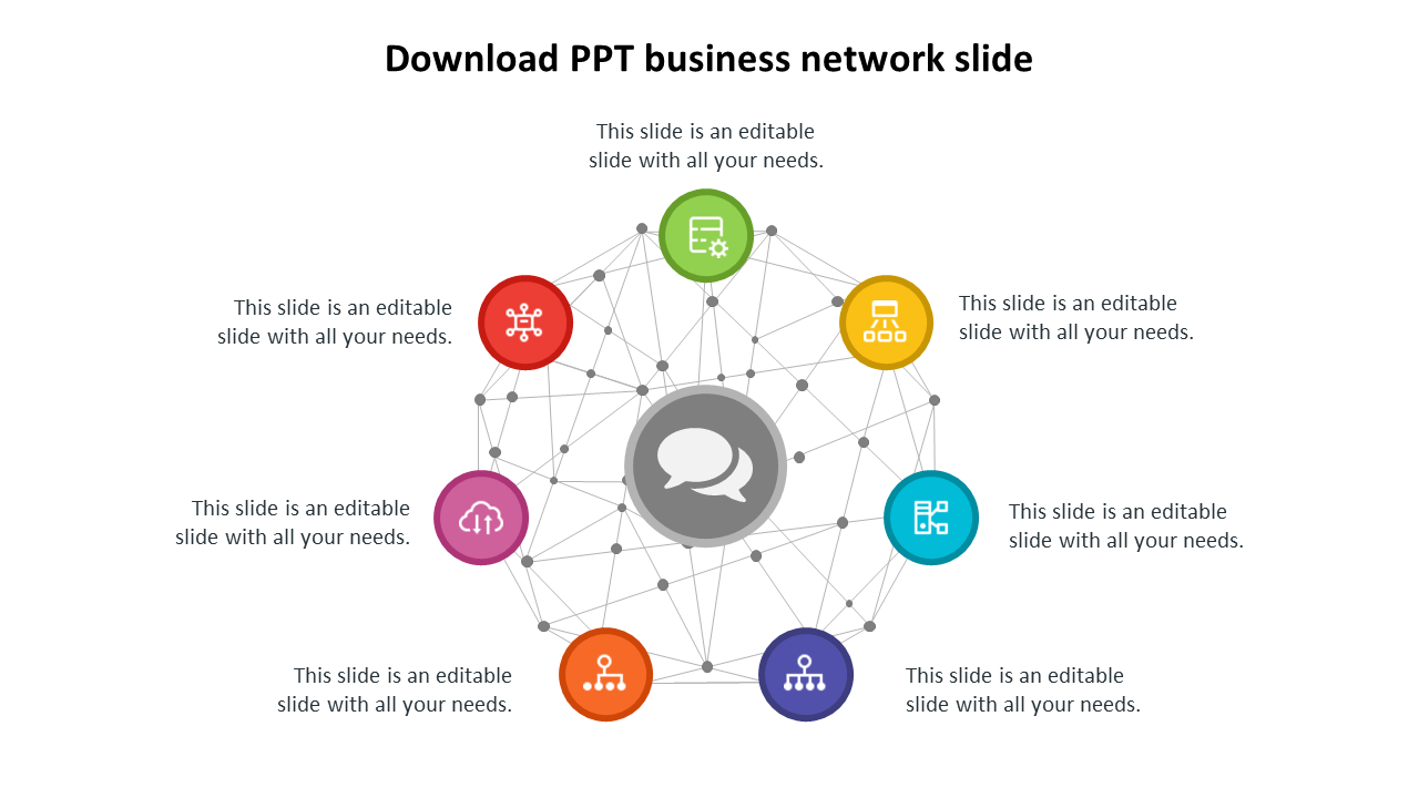 Illustration of a business network diagram slide with interconnected nodes and icons with placeholder text.