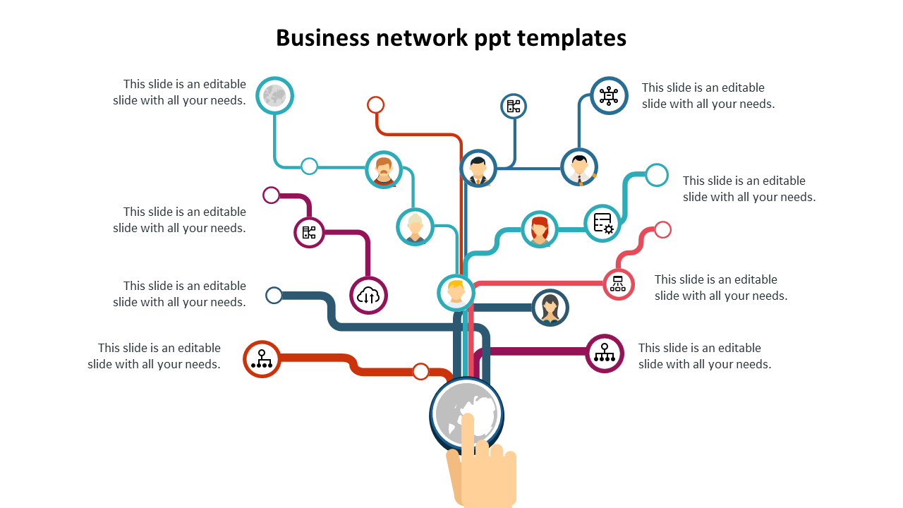 Business network PPT slide with interconnected circles featuring icons representing various business roles and text areas.