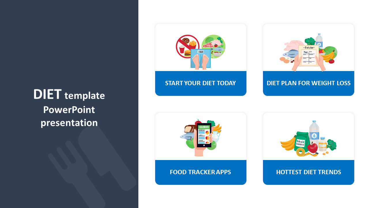 PowerPoint template for diet plans featuring icons for weight loss, food tracking apps, and the latest diet trends.