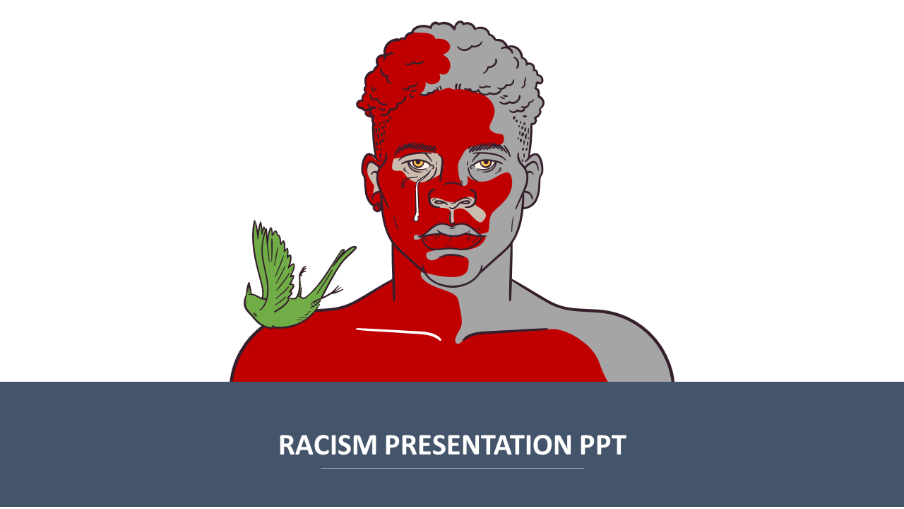 Image of a man shaded in red and gray, with a bird perched on his left shoulder, representing themes of racism.