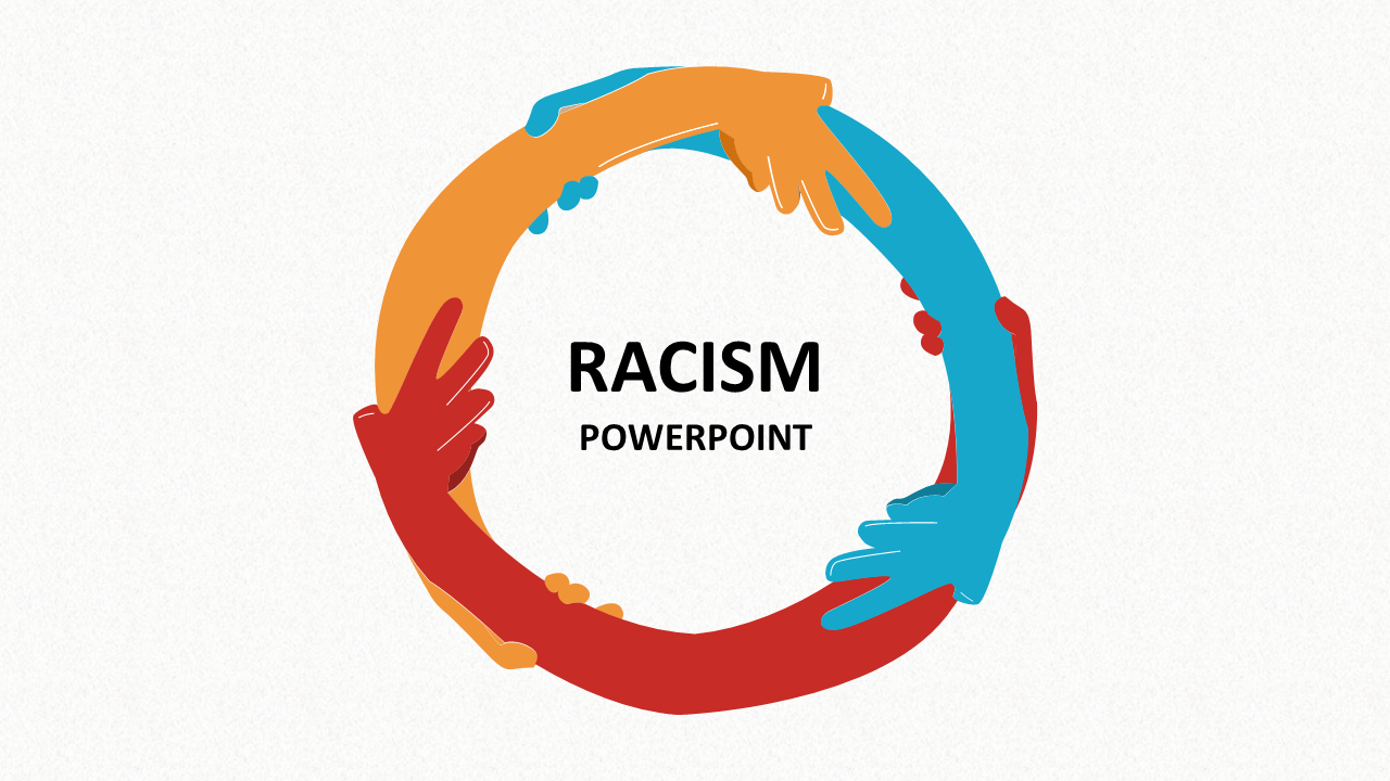 A circular formation of hands in orange, blue, and red surrounding a central white space with title, symbolizing unity.