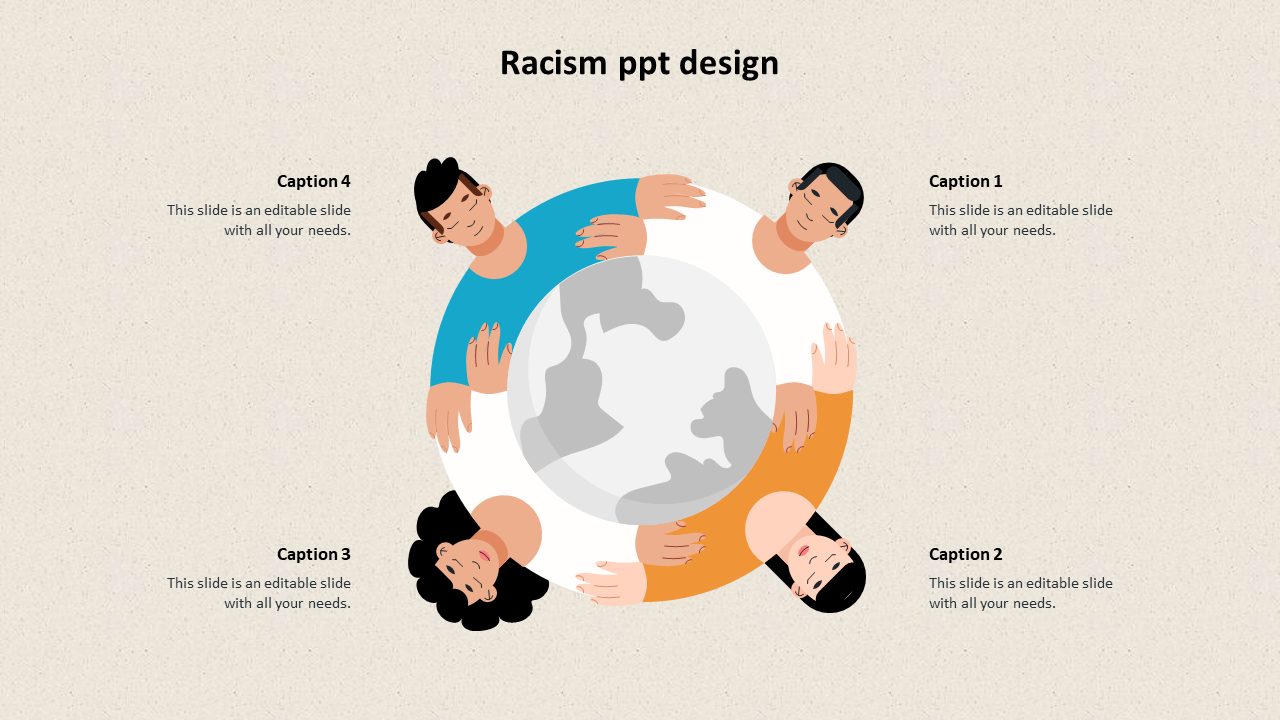 Illustration of four diverse individuals embracing a globe, symbolizing unity and diversity, with text sections around them.