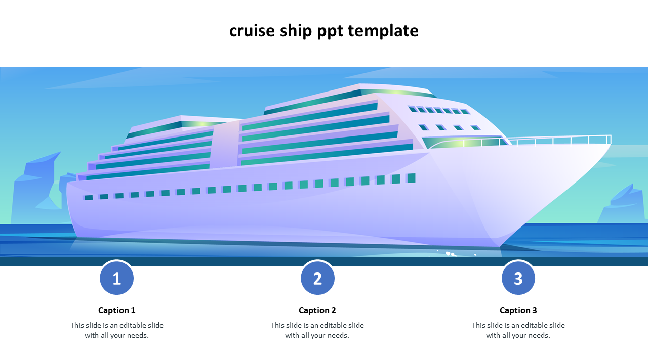 Slide with a stylized white cruise ship in shades of green and blue background, with three caption boxes below.