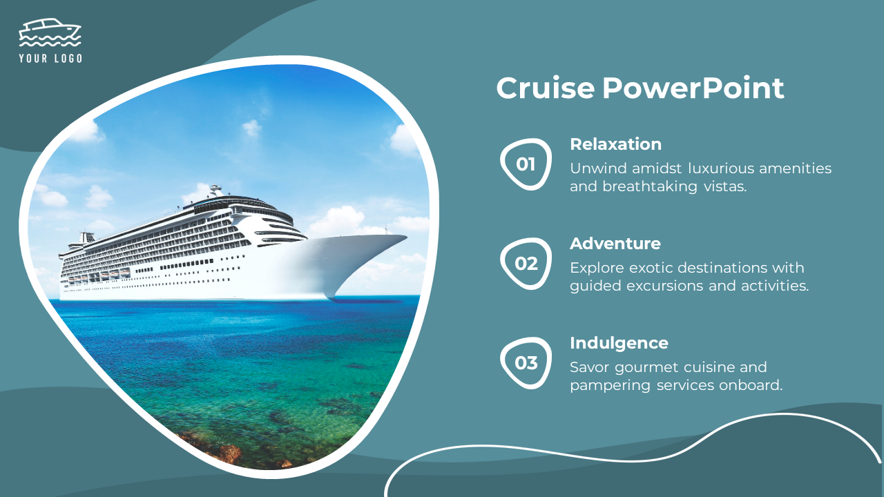 Cruise slide showcases a large cruise ship on the ocean, with key points on relaxation, adventure, and indulgence.