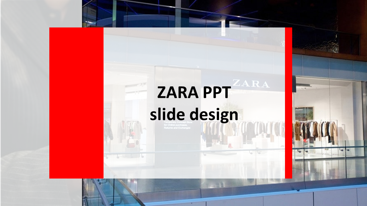 Stylish Zara slide design featuring a retail background and bold text layout.