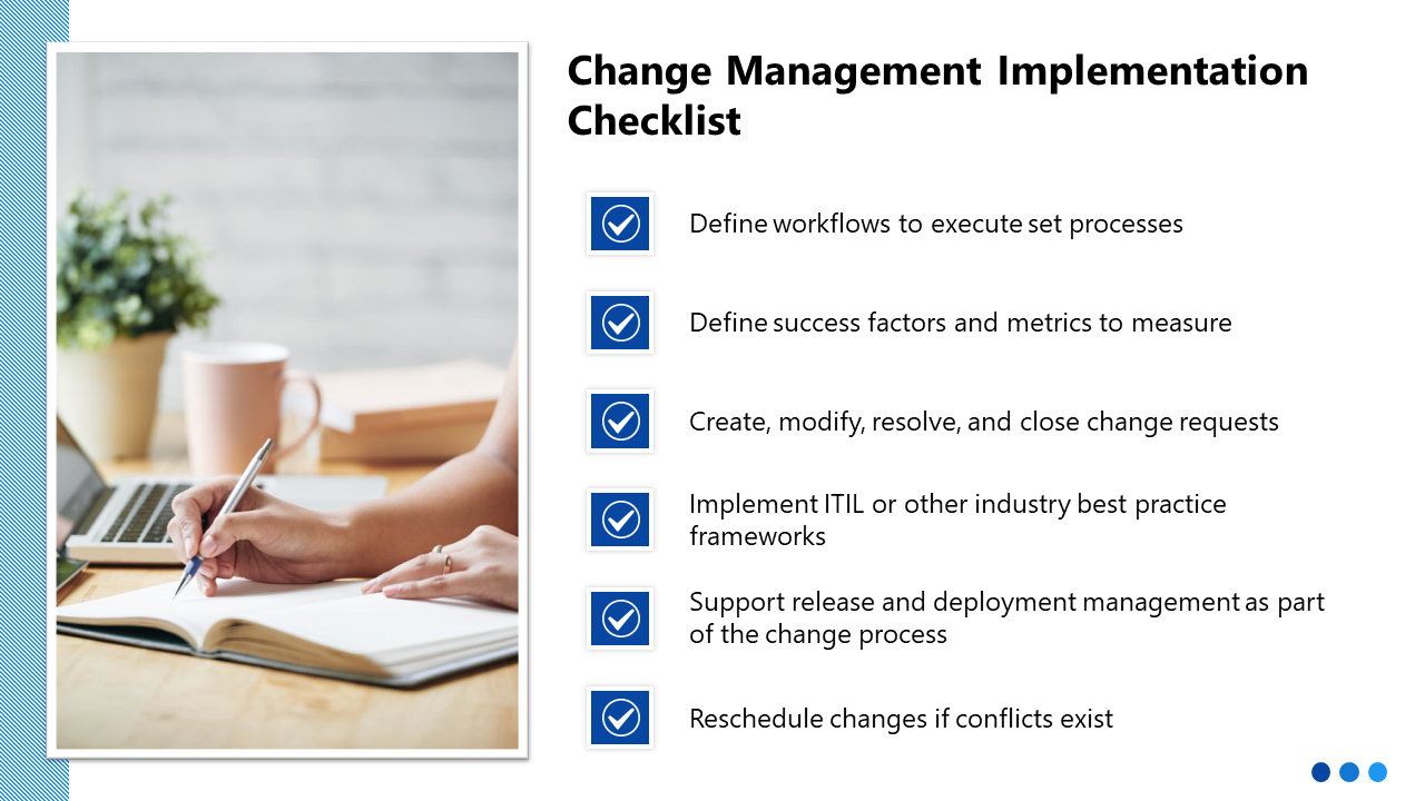 Checklist slide with six blue checkboxes listing change management steps, paired with an image of a person writing.